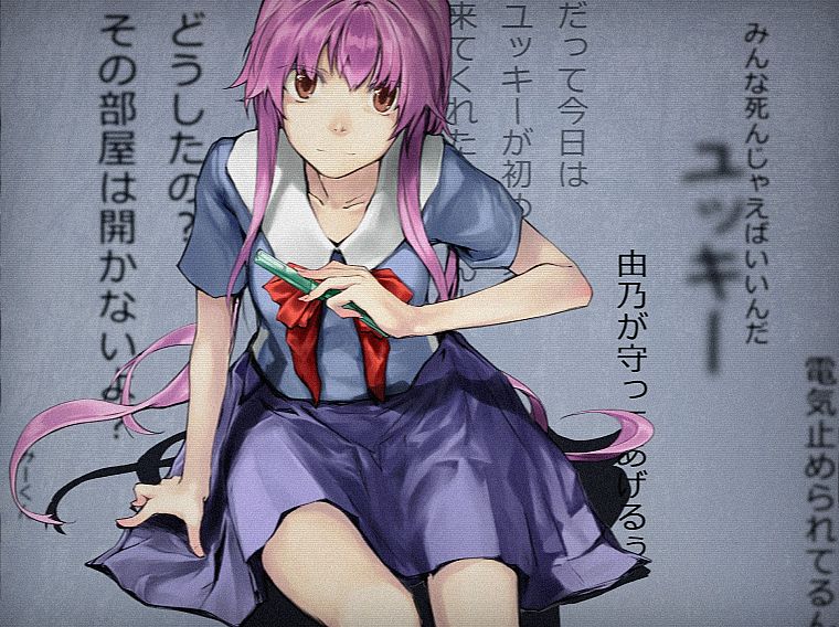 school uniforms, pink hair, cellphones, anime, anime girls, Mirai Nikki, Gasai Yuno - desktop wallpaper