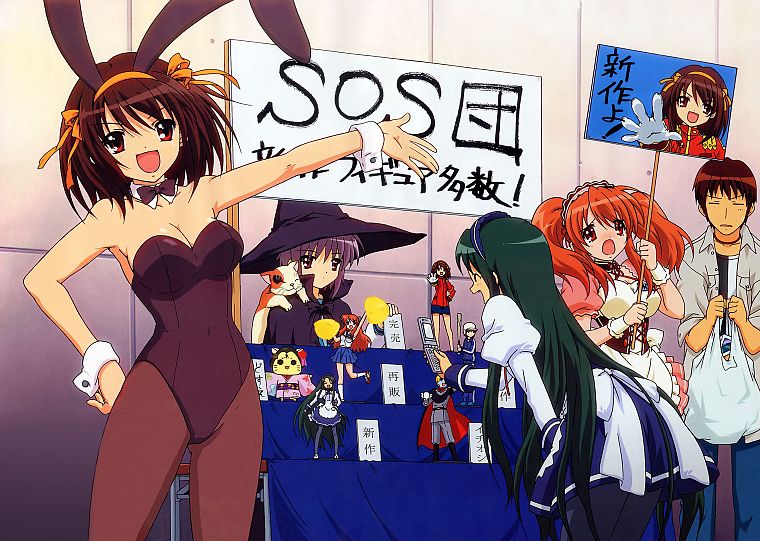 Asahina Mikuru, Nagato Yuki, The Melancholy of Haruhi Suzumiya, Kyon, SOS Brigade, bunny suit, Suzumiya Haruhi - desktop wallpaper