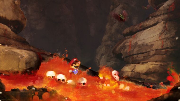 Mario, lava, Super Mario Bros., watercolor - desktop wallpaper