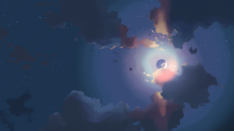 clouds, birds, Moon, anime, drawn, skyscapes - desktop wallpaper