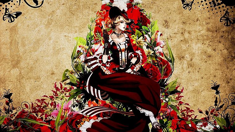 dress, flowers, patterns, steampunk, artwork, anime, hats, anime girls - desktop wallpaper