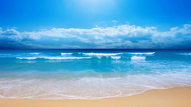 water, blue, clouds, landscapes, nature, sand, waves, skyscapes, blue skies, sea, beaches - desktop wallpaper