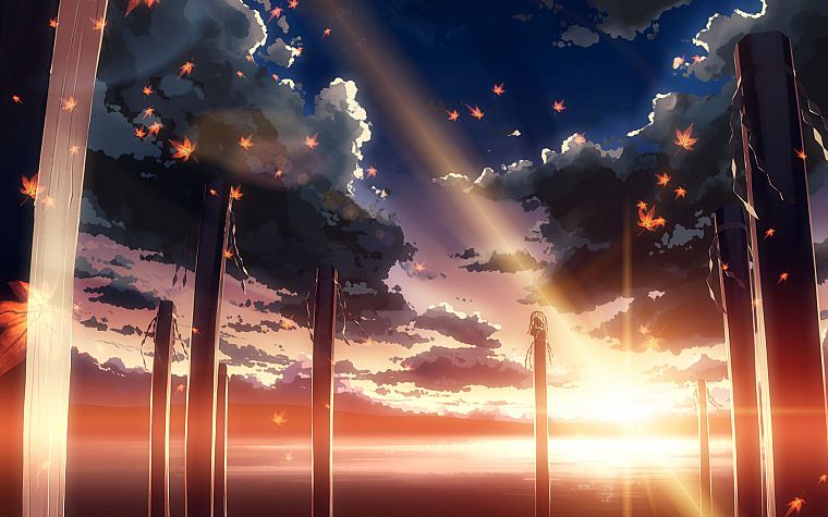 water, sunset, clouds, landscapes, Touhou, leaves, Goddess, sunlight, scenic, maple leaf, lakes, logs, Yasaka Kanako, skyscapes, onbashira, Yuuki Tatsuya - desktop wallpaper