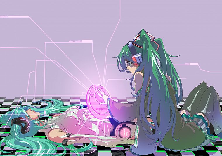 headphones, Vocaloid, Hatsune Miku, skirts, long hair, thigh highs, green hair, twintails, lying down, aqua hair, Miku Append, anime girls, Vocaloid Append - desktop wallpaper