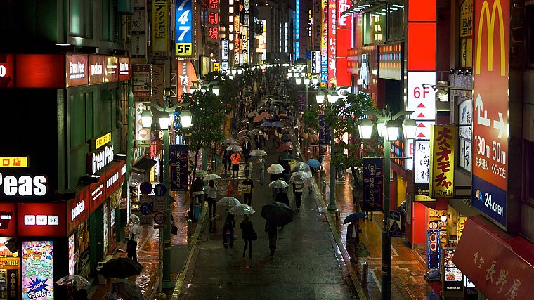Japan, lights, rain, umbrellas, cities, pedestrians - desktop wallpaper
