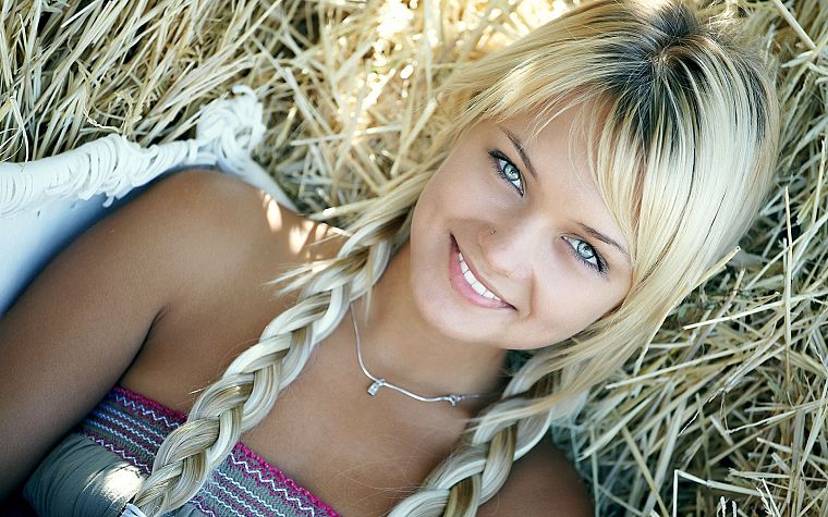 blondes, women, teen, hay, pigtails, smiling, Lada D - desktop wallpaper
