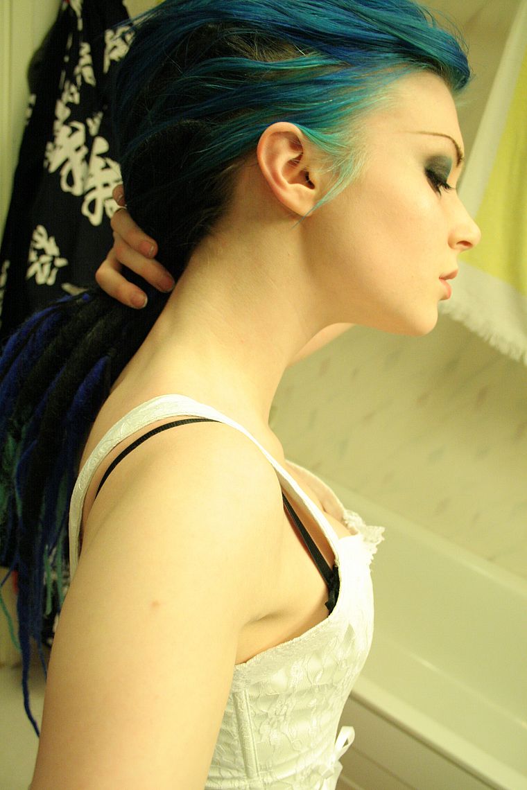 women, bra, blue hair, colored hair, make up - desktop wallpaper