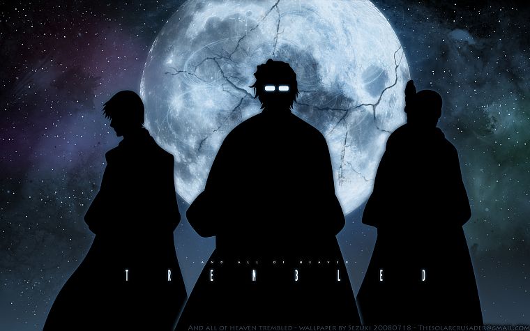 Bleach, Moon, silhouettes, Ichimaru Gin, Aizen Sousuke, Tousen Kaname - desktop wallpaper