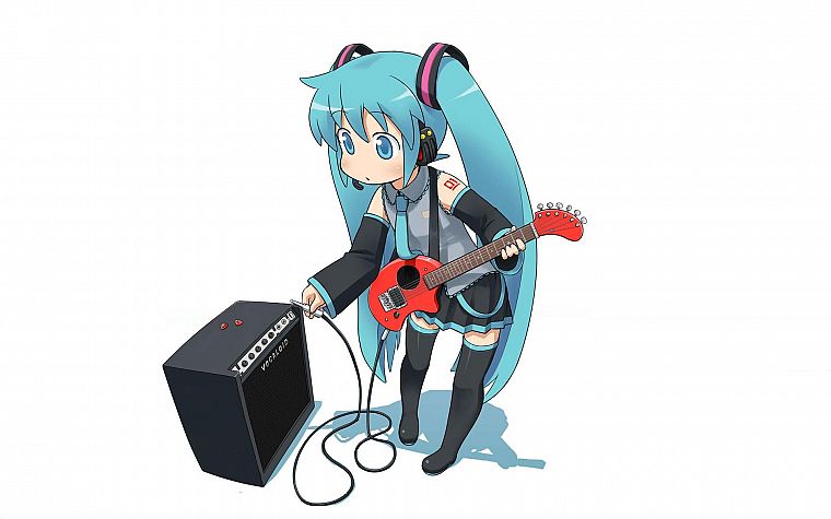 Vocaloid, Hatsune Miku, pigtails, guitars, twintails, anime, simple background, anime girls, detached sleeves, white background - desktop wallpaper