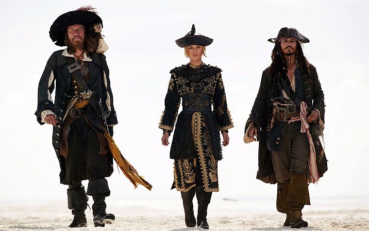 Keira Knightley, Pirates of the Caribbean, Johnny Depp, Geoffrey Rush, Captain Jack Sparrow, Captain Hector Barbossa, Elizabeth Swann - desktop wallpaper