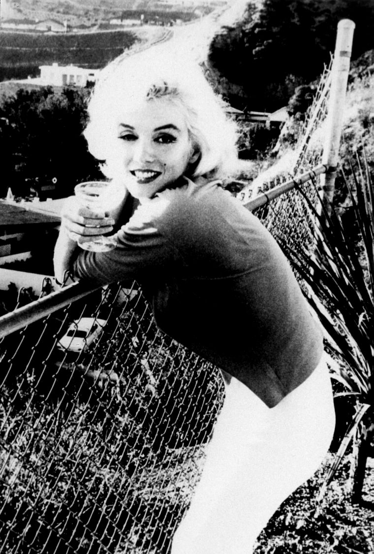 Marilyn Monroe, grayscale, chain link fence - desktop wallpaper