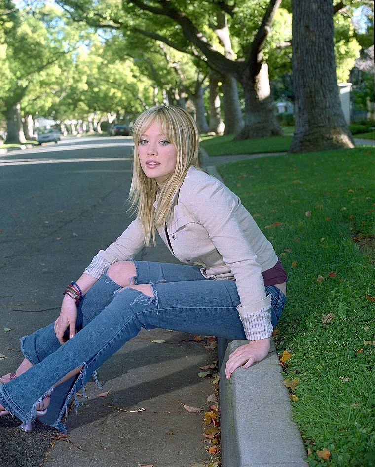 jeans, trees, grass, Hilary Duff - desktop wallpaper