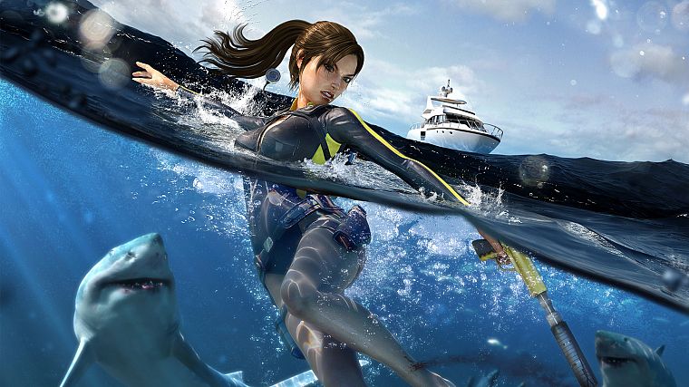 ships, Lara Croft, sharks, vehicles - desktop wallpaper