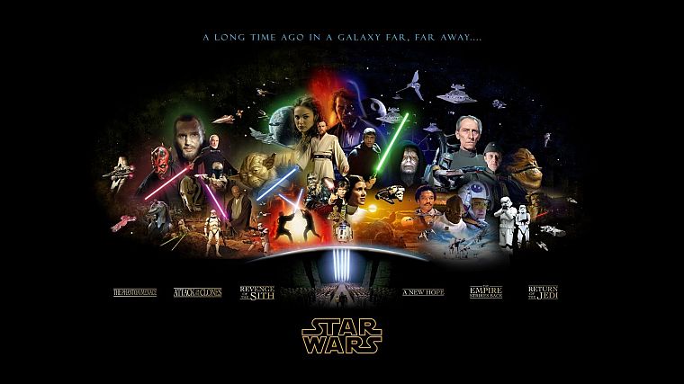 Star Wars, stormtroopers, C3PO, Darth Maul, lightsabers, Darth Vader, Boba Fett, Death Star, R2D2, Luke Skywalker, Han Solo, Chewbacca, Hoth, Leia Organa, Anakin Skywalker, Yoda, Jar Jar Binks, Obi-Wan Kenobi, Mace Windu, Jabba the Hutt, black background - desktop wallpaper