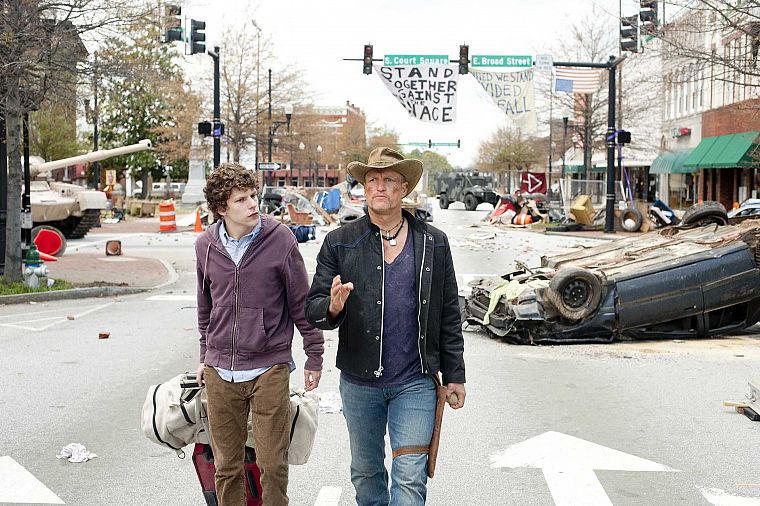jeans, cars, Zombieland, Jesse Eisenberg, Woody Harrelson - desktop wallpaper
