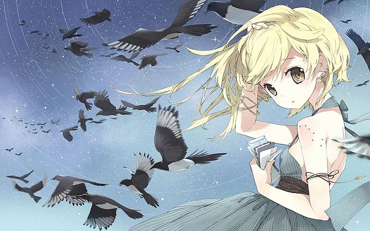 blondes, dress, birds, yellow eyes, anime girls - desktop wallpaper