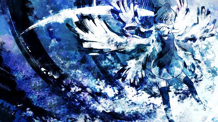 blue, Touhou, wings, Cirno, ribbons, thigh highs, anime girls - desktop wallpaper