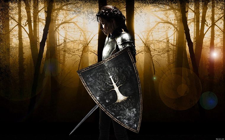 fantasy, Kristen Stewart, trees, forests, actress, promotional, armor, shield, braids, swords, Snow White and the Huntsman - desktop wallpaper