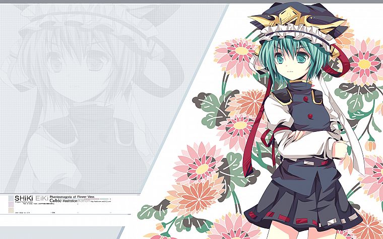 video games, Touhou, uniforms, flowers, skirts, ribbons, green eyes, short hair, green hair, hats, Shikieiki Yamaxanadu - desktop wallpaper