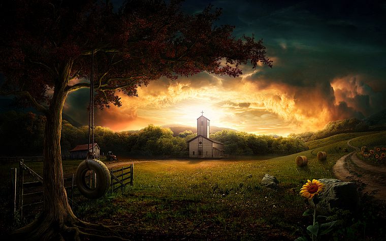 sunset, illustrations, churches, farms - desktop wallpaper