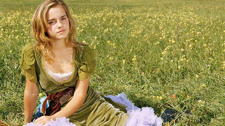 women, Emma Watson, grass, green dress - desktop wallpaper