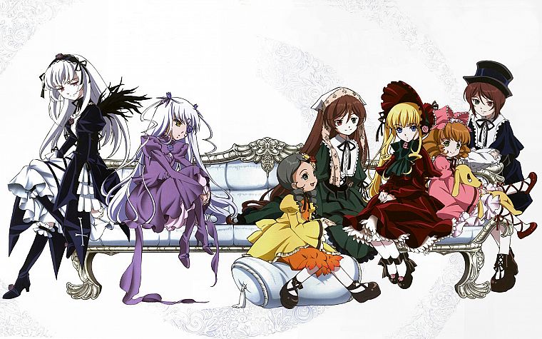 Rozen Maiden, Shinku, Suiseiseki, Suigintou, Souseiseki, Kanaria, anime, Hina Ichigo, simple background, Barasuishou - desktop wallpaper
