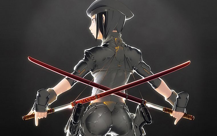 military, katana, weapons, simple background, anime girls, original characters - desktop wallpaper