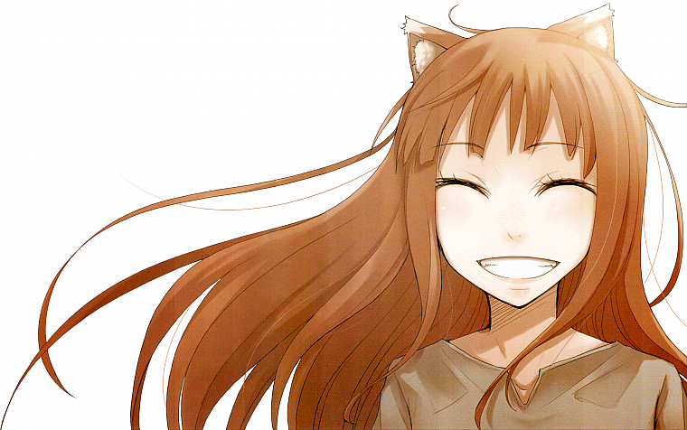 Spice and Wolf, animal ears, smiling, closed eyes, Holo The Wise Wolf, simple background, inumimi, anime girls - desktop wallpaper