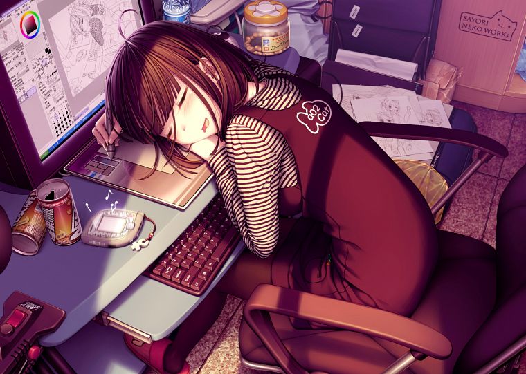 brunettes, computers, dress, indoors, room, keyboards, tables, pantyhose, short hair, chairs, sleeping, sitting, open mouth, drawings, closed eyes, graphics tablets, ahoge, soft shading, Sayori Neko Works, anime girls, brown dress, soda cans, striped clot - desktop wallpaper