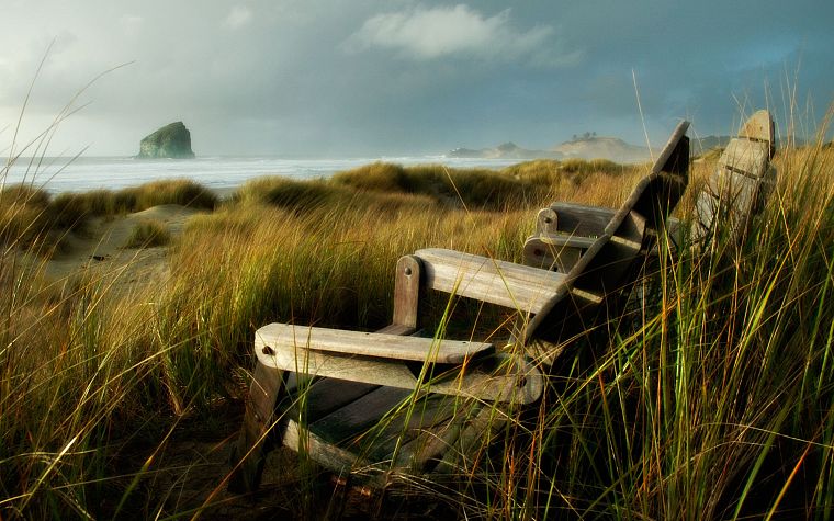 nature, coast, grass, chairs, sea - desktop wallpaper