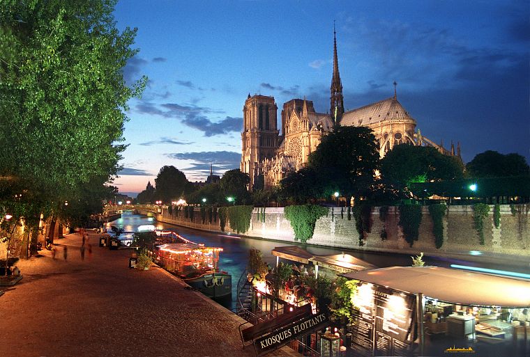Paris, landscapes, night, lights, architecture, ships, churches, Notre Dame, rivers, Seine - desktop wallpaper