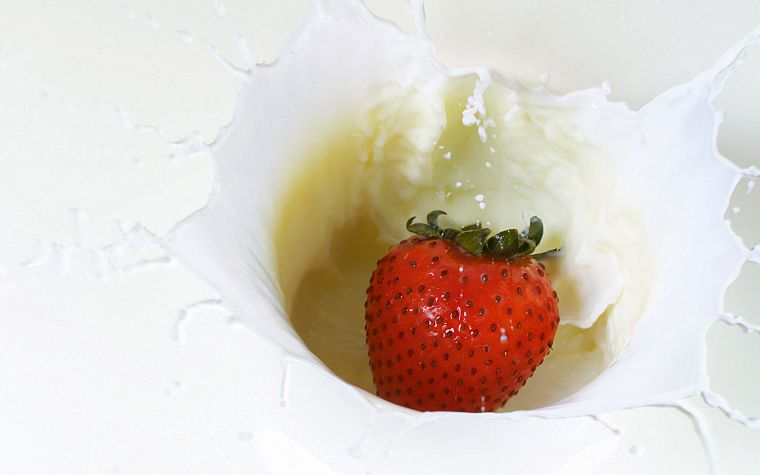 fruits, milk, food, strawberries, white background, splashes - desktop wallpaper