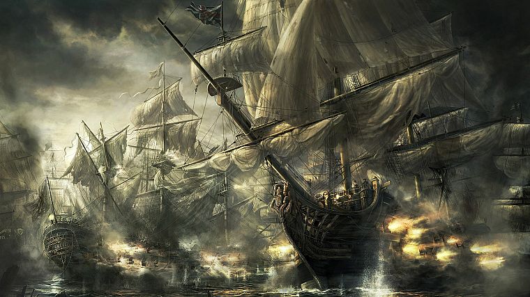 ocean, war, ships, cannons, battles, artwork, Radojavor, sails - desktop wallpaper