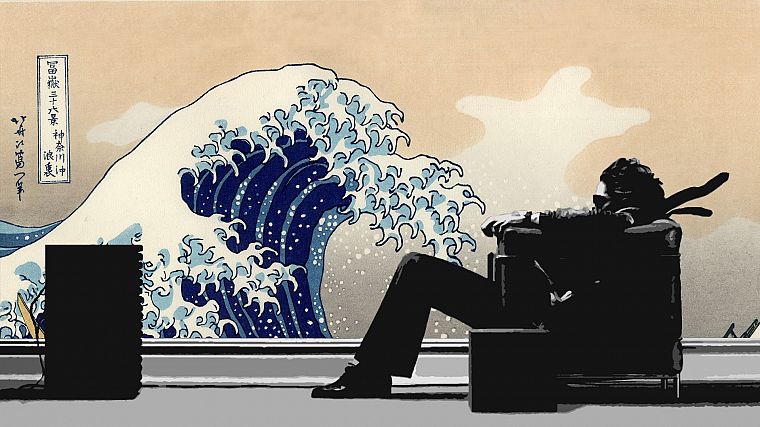 music, waves, men, Japanese, chairs, artwork, Maxell, The Great Wave off Kanagawa - desktop wallpaper