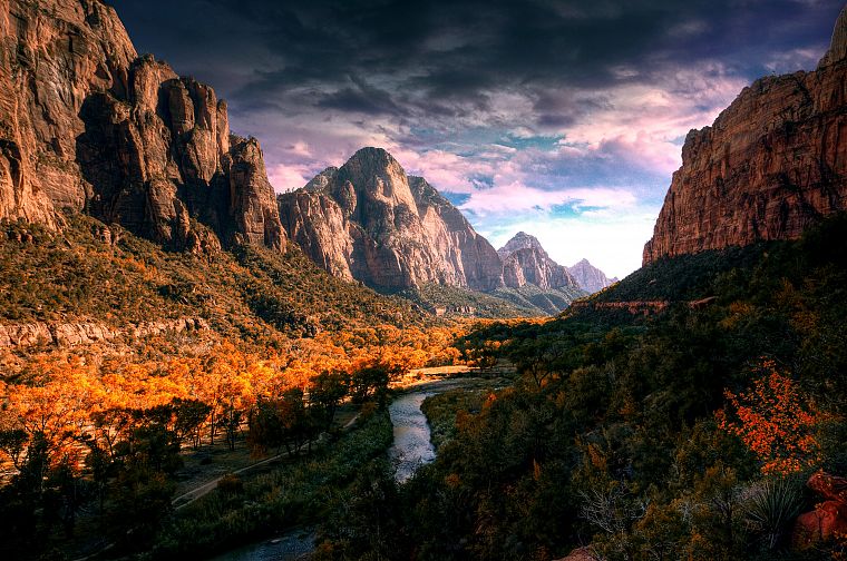 mountains, clouds, landscapes, nature, trees, HDR photography, rivers - desktop wallpaper