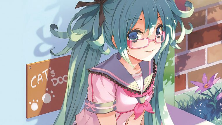 Vocaloid, Hatsune Miku, glasses, smiling, meganekko, anime girls - desktop wallpaper