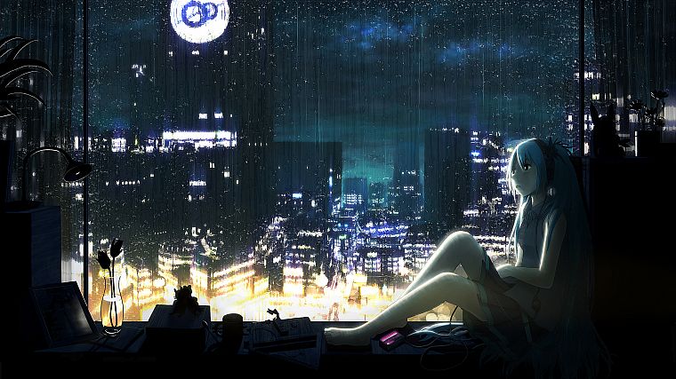 Vocaloid, night, rain, Hatsune Miku, aqua hair, anime girls, cities, rain on glass - desktop wallpaper
