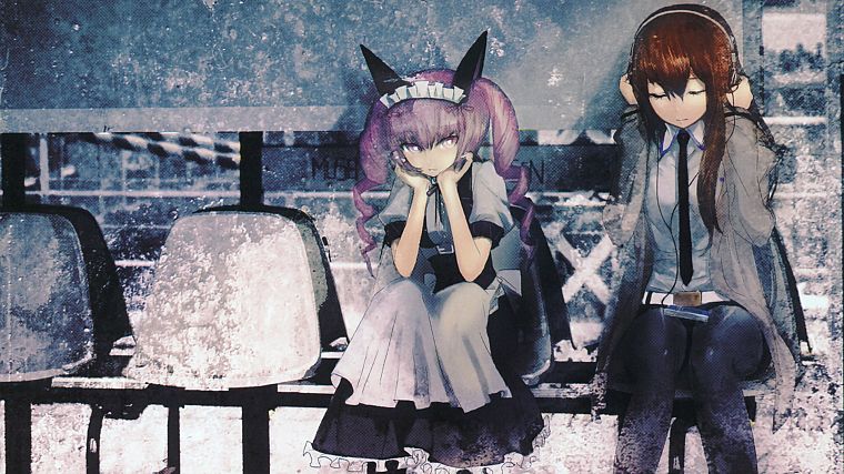 headphones, redheads, pink hair, sitting, anime, Steins;Gate, Makise Kurisu, anime girls, Akiha Rumiho - desktop wallpaper