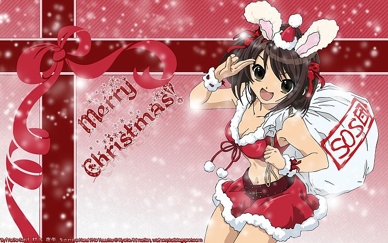 The Melancholy of Haruhi Suzumiya, Christmas, animal ears, Christmas outfits, Santa outfit, Suzumiya Haruhi - desktop wallpaper