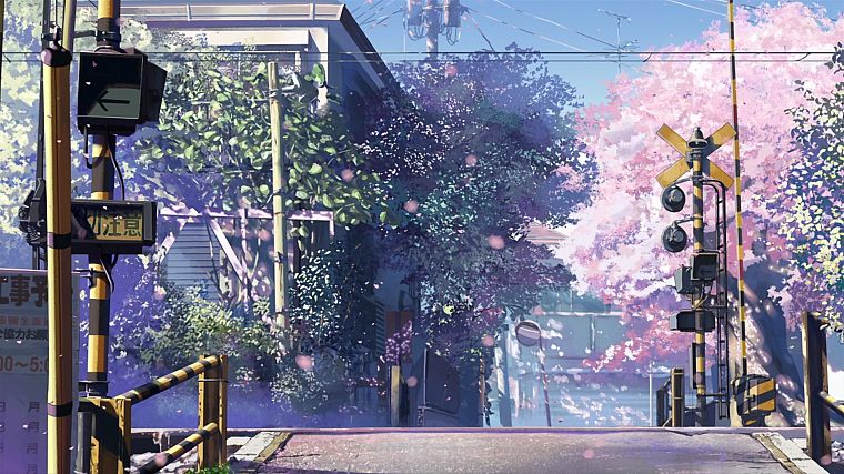 cherry blossoms, Makoto Shinkai, scenic, 5 Centimeters Per Second, railroad crossing - desktop wallpaper