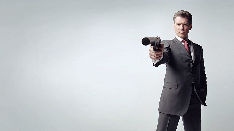 James Bond, Pierce Brosnan, actors, silencer, white background - desktop wallpaper