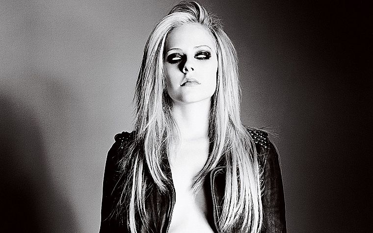 blondes, women, Avril Lavigne, grayscale, monochrome, white eyes - desktop wallpaper