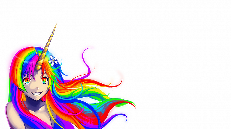 women, unicorns, rainbows - desktop wallpaper