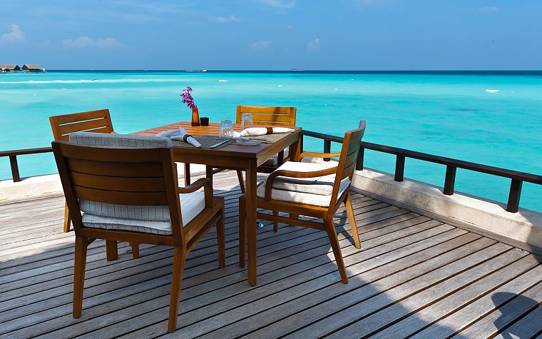 tables, chairs, wood floor, sea - desktop wallpaper