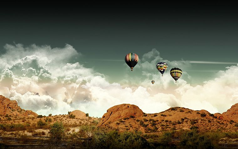 clouds, landscapes, deserts, hot air balloons, skyscapes, photo manipulation - desktop wallpaper