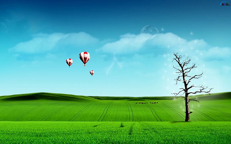 green, trees, fields, digital art, hot air balloons, skies - desktop wallpaper