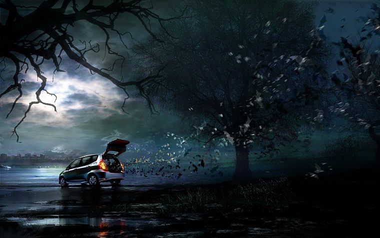 trees, night, Honda, cars, advertisement, artwork, vehicles, bats, Daniel Dociu - desktop wallpaper