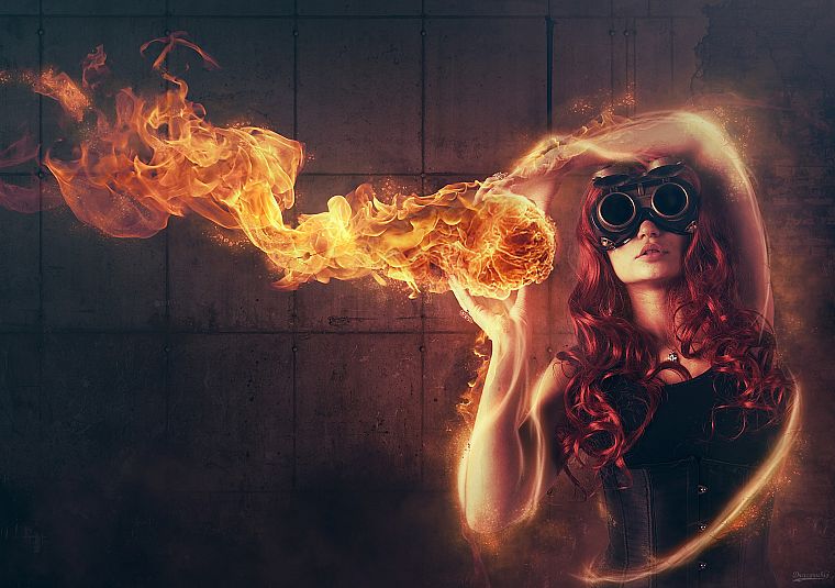 women, flames, fire, digital art, Anne, photo manipulation, Roderique Arisiaman aka Dracorubio, fire dancing, fireball, burning - desktop wallpaper