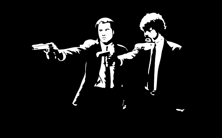black and white, Pulp Fiction, Samuel L. Jackson, John Travolta, black background - desktop wallpaper