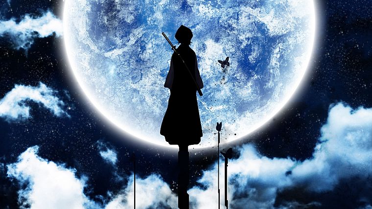 Bleach, Moon, silhouettes, Kuchiki Rukia - desktop wallpaper
